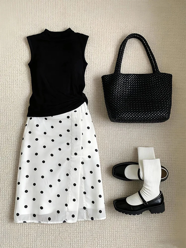 Conjunto de Top sin Mangas con Falda a Media Pierna, Estilo Coreano, con Estampado de Lunares, para Mujer, Verano, Negro y Bl...