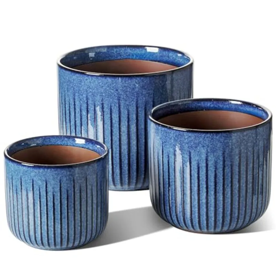 

Ceramic plant pots for indoor use, glazed ceramic, harbor blue, modern glossy fluted cylinder design with drainage holes and me