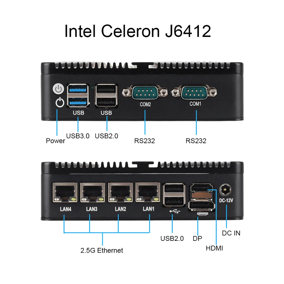 XCY Fanless Mini PC Intel N150 J4125 J6412 J1900 N2830 N5105 4x