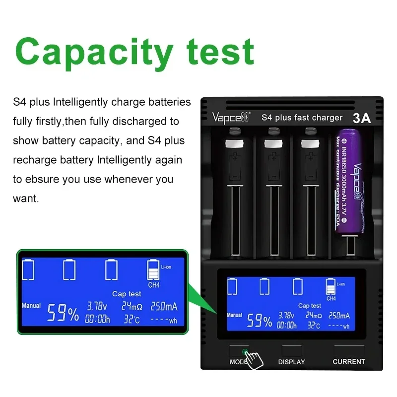 100% Original Vapcell S4 Plus Fast Charger V3 Version With Storage mode 12A Battery Charger for 18650 26650 21700 18350 AA AAA