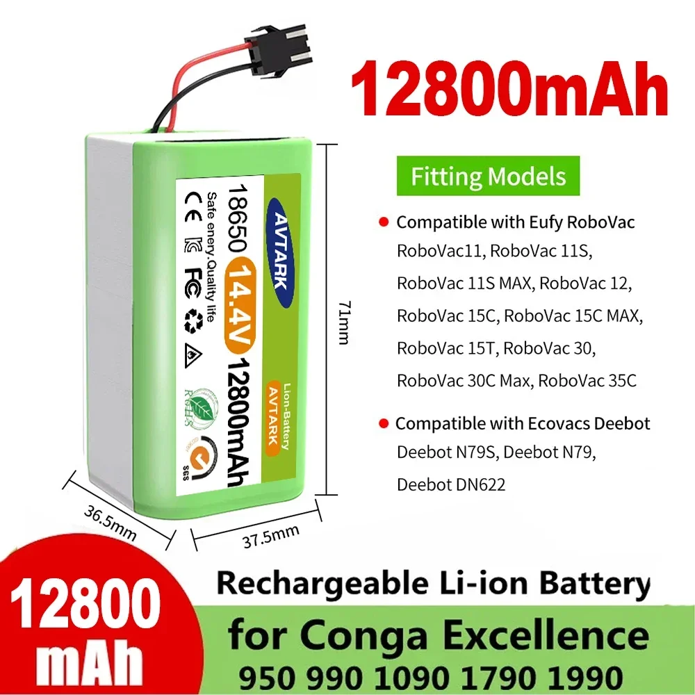 New 14.4V 12800mAh Replacement Battery for Conga Excellent 990 1090 1790 1990 Deebot N79S N79 DN622 Robovac 11 Tesvor X500