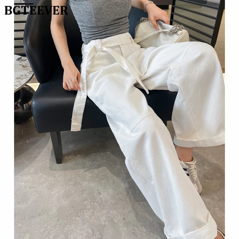 BGTEEVER, pantalones vaqueros rectos de cintura alta con cordones y estilo para mujer, moda de verano, pantalones vaqueros de pierna ancha holgados con bolsillos para mujer