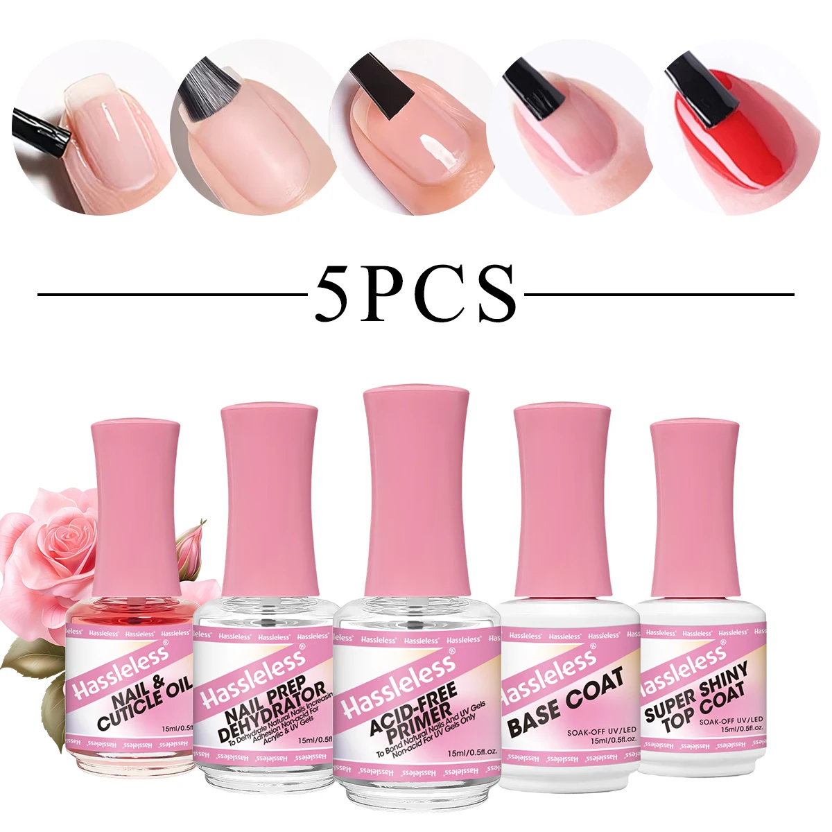 Set de 5 Piezas de Aceite Nutritivo (Rosa) + Líquido Equilibrante + Agente Adhesivo + Gel Base + Capa Superior Ultra Brillante, Prepara las Uñas para la Deshidratación y Aplica una Capa Base sin Ácido Set de Adhesivo en Gel de Secado Rápido de Alta Calidad, 15ml Cada Uno, Capa Superior Ultra Brillante, Hidratante para Uñas, Fortalece las Uñas, Mantiene las Uñas Brillantes, Envase en Botella de Vidrio