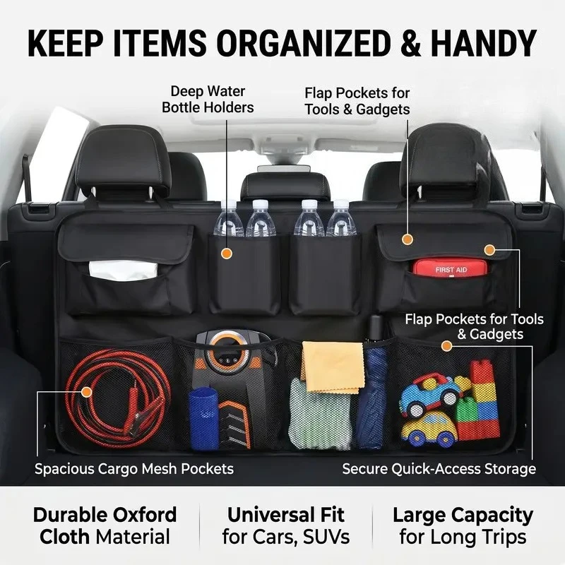 Car Trunk Organizer Adjustable Backseat Storage Bag Net High Capacity Multi-use Oxford Automobile Seat Back Organizers Universal