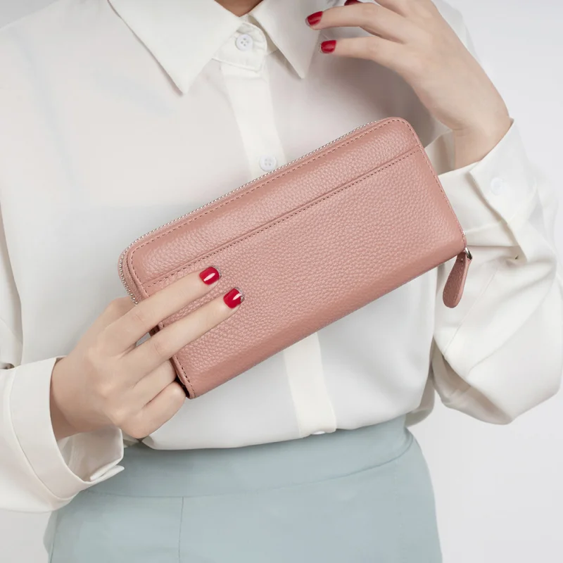 Western RFID Blocking Long Leather Women Wallet Multiple Card Slots Large Capacity Zipper Purse for Ladies