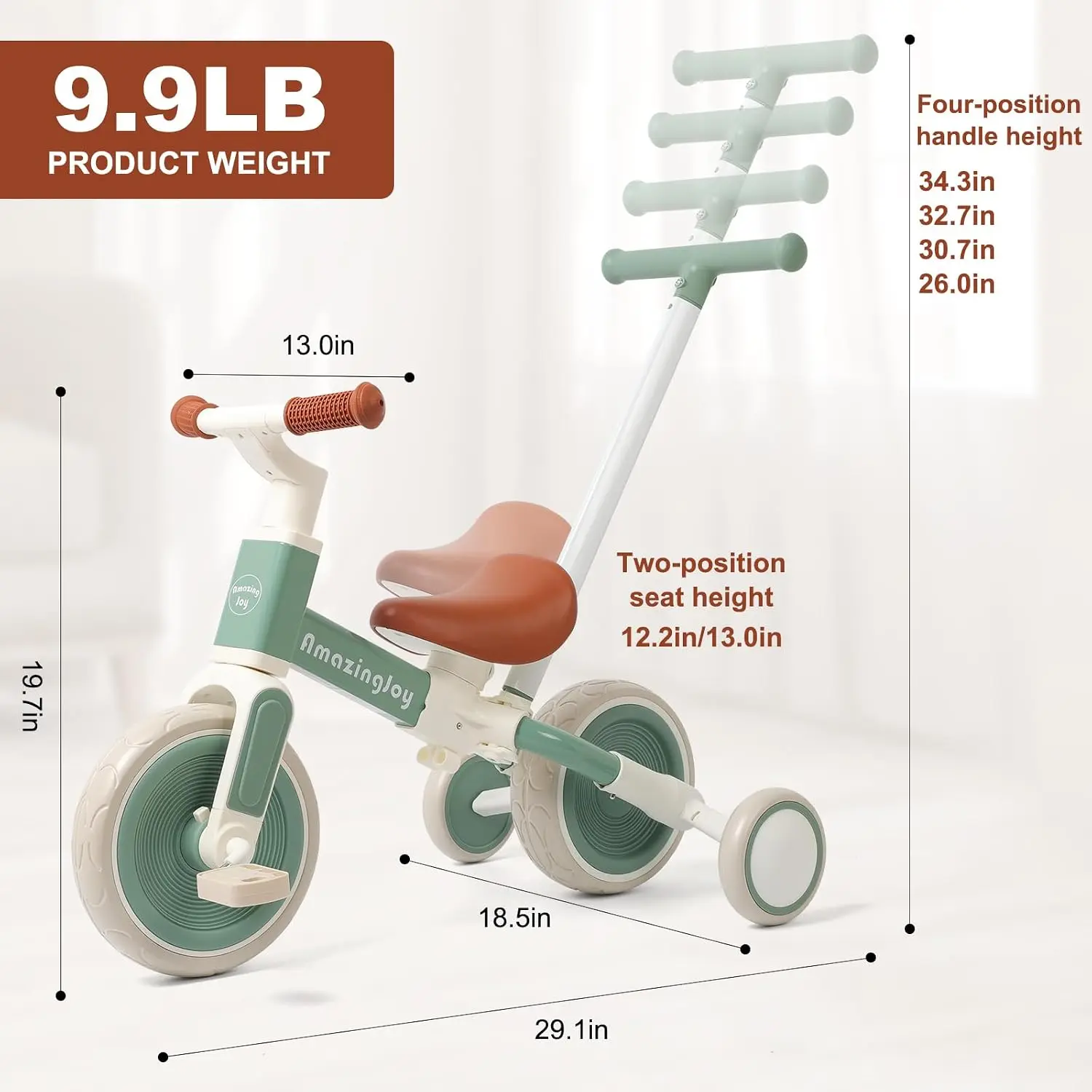 6-in-1 Toddler Tricycle for 1-3 Years, Push Bike to Balance Bike, Adjustable Seat, Gift for Kids view 3
