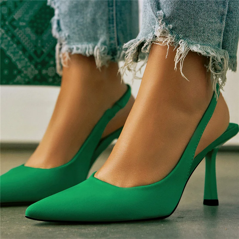 Women 9cm High Heels Pumps Neon Orange Green Sandals Lady Slingback Mules Pointed Toe Mid Heels Party Fetish Prom Wedding Shoes