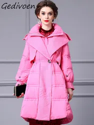 Gedivoen Winter Fashion Designer Pink Vintage Down Jackets Women's Lapel Long Sleeve Button Pockets Slim Long Thick Down Jackets