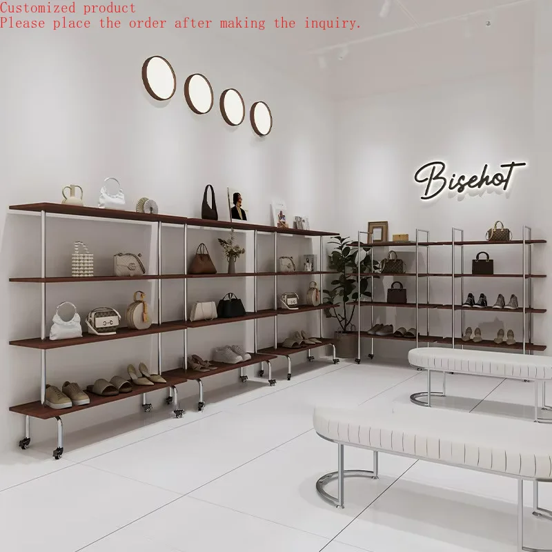 

Custom.Modern Gold Double-Sided Display Rack Metal Wooden Clothing Stand Ideal Store Racks for Bag and Shoes