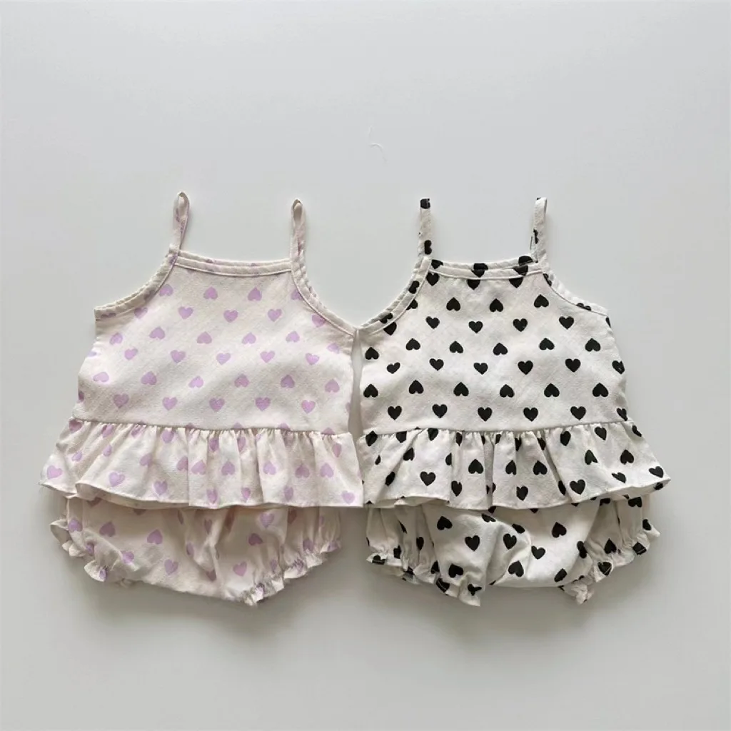 

2026 Summer New Baby Girl Short Sleeve Clothes Set Girls Heart Print Lace Sling Tops + Shorts 2pcs Suit Toddler Cotton Outfits