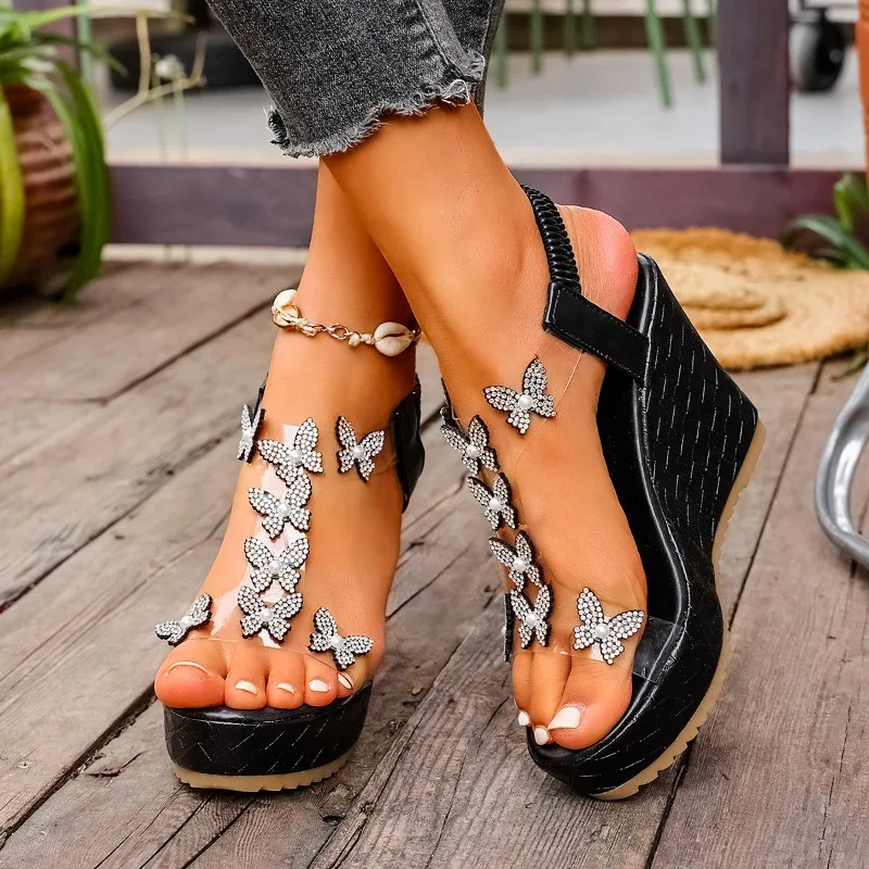 Sandalias de tacón alto con cuña para mujer, sandalias de mariposa de cristal a la moda, zapatos de plataforma de verano para mujer, sandalias de vestir elegantes