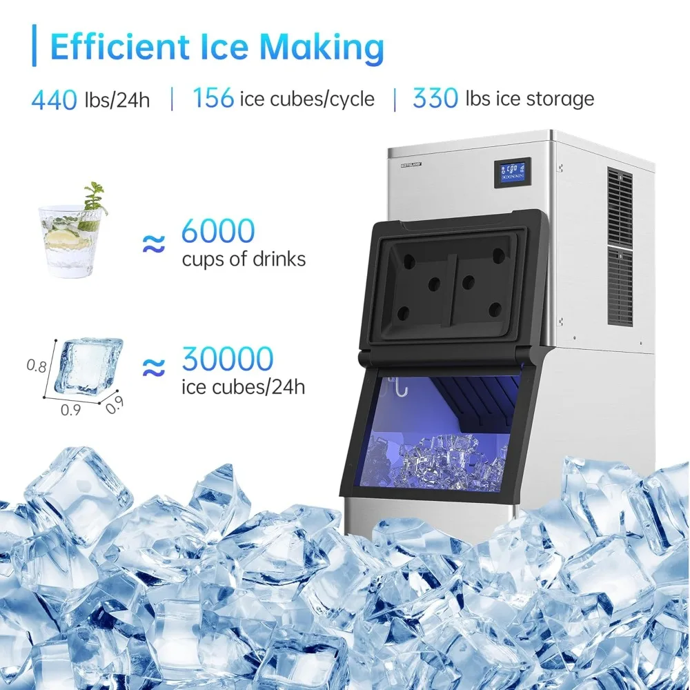 Commercial Ice Maker Machine, 440 lbs /24 h, 330 lbs Storage Bin, Automatic Cleaning, Includes Ice Shovel, Connection Hose