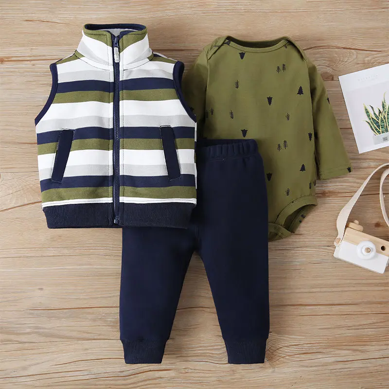 3PCS Spring Autumn Toddler Boy Clothing Casual Fashion Stripe Vest+Bodysuit+Pants Newborn Baby Clothes Outfit Kids Costume BC370