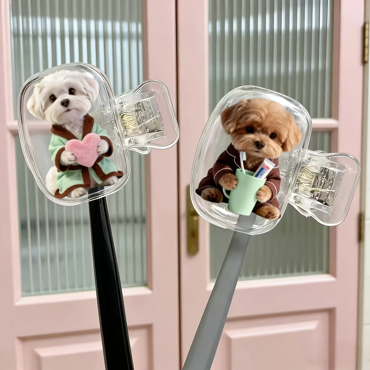 2pcs Dogs Holding a Heart And a Toothbrush Cup Portable toothbrush head box Suitable for Travel Sets  Keep Brush Clean And Dry