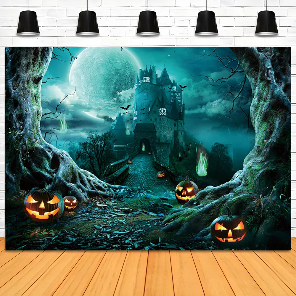 

Halloween Backdrop Full Moon Scary Night Castle Trees Pumpkin Lantern Photography Background Kids Adult Family Party Decor WH-01