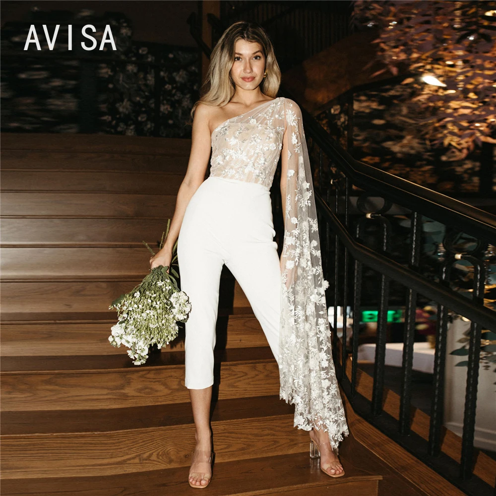 

Boho Women Wedding Jumpsuit One Shoulder Lace Bride Reception Jumpsuit Bridal Pantsuits Vestido De Noiva Robe de Mariee