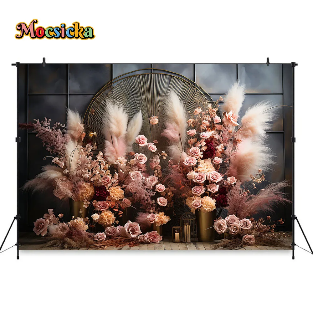 Boho Background for Studio Photography Background Pampas Grass Retro Potted Backdrop Banner Girl Kid Birthday Wedding Photobooth