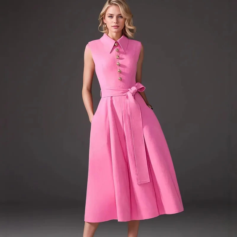 

Fashion Turn-Down Collar Sleeveless A-Line Dresses With Belt Women Pink Dress