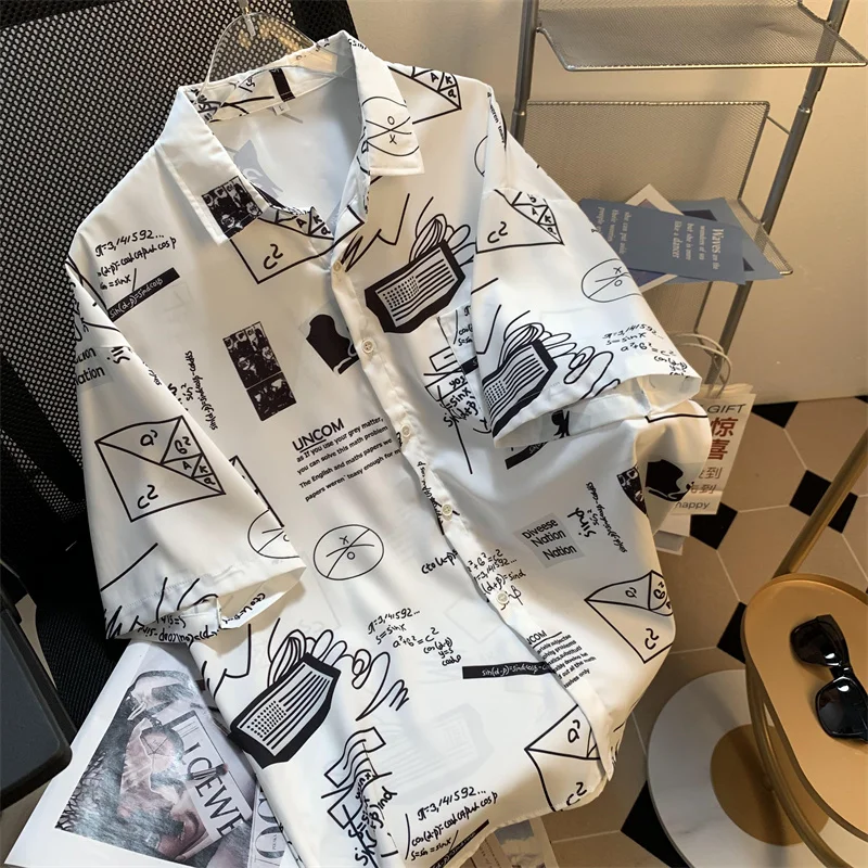 

DAYIFUN Printed Design Short Sleeved Shirts Women Summer New Loose Collar Blouses Unisex Versatile High Street Tops Lady Blusas