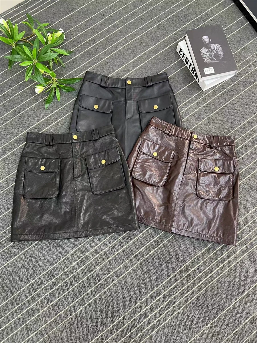 

Женская короткая юбка-карандаш Chen Lady из натуральной кожи, коричневая, с высокой талией, универсальная, в стиле ретро, корейский стиль, А-силуэт