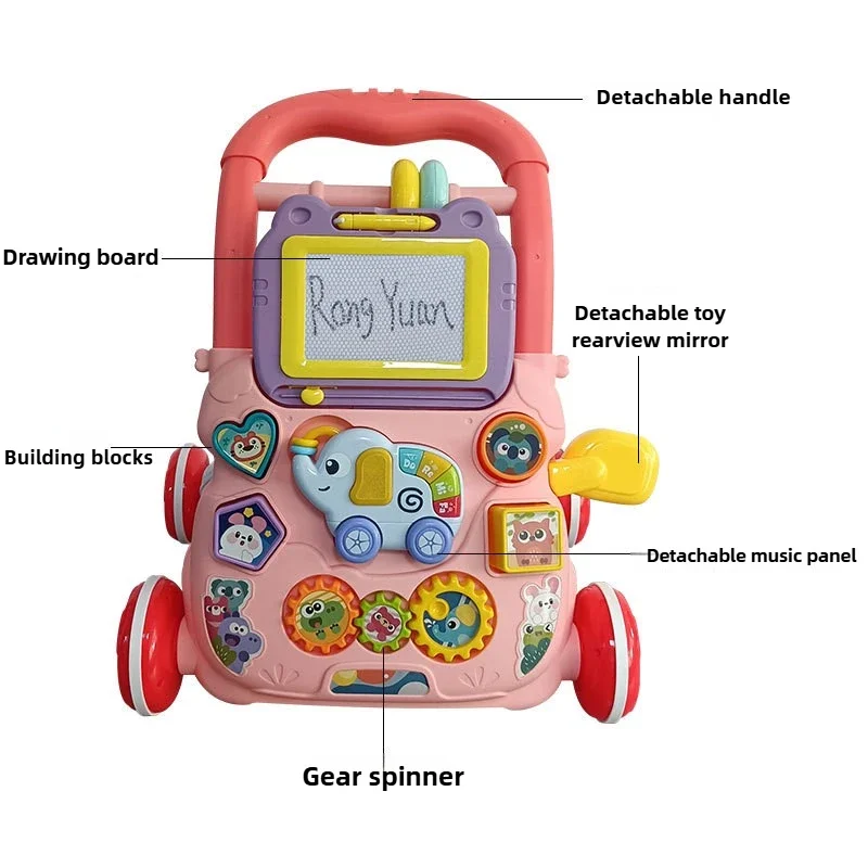 Baby Musical Walker with Artboard Learning Walking Toy for 1-3 Year Olds, Adjustable Assisted Walker with Music Drawing Activity