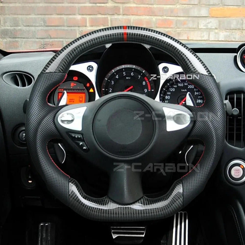 

Real Carbon Fiber Steering Wheel D-Type Flat-Bottom Red Stitch Perforated Leather Fit For Nissan 370Z NISMO Sentra 2008-2019