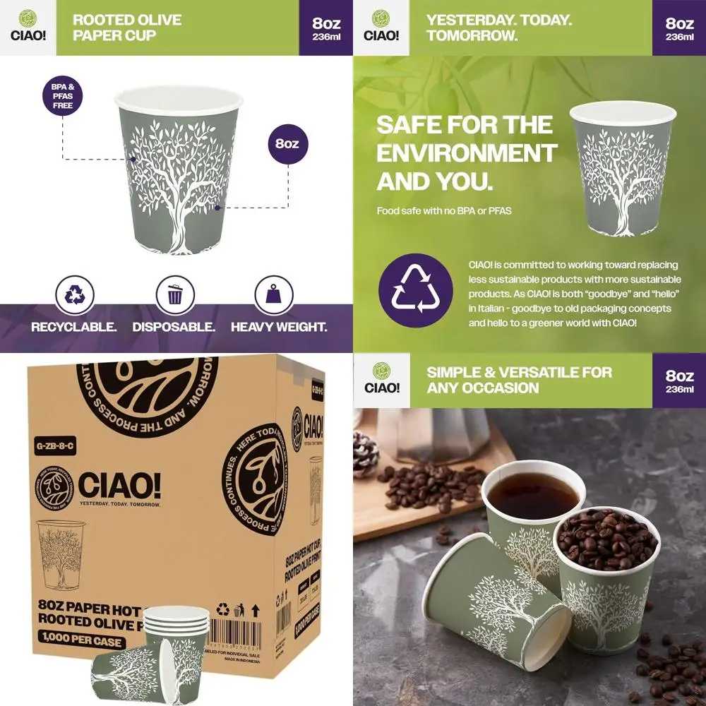 

8 oz. Rooted Olive Design Paper Hot Cups, Pack of 1,000