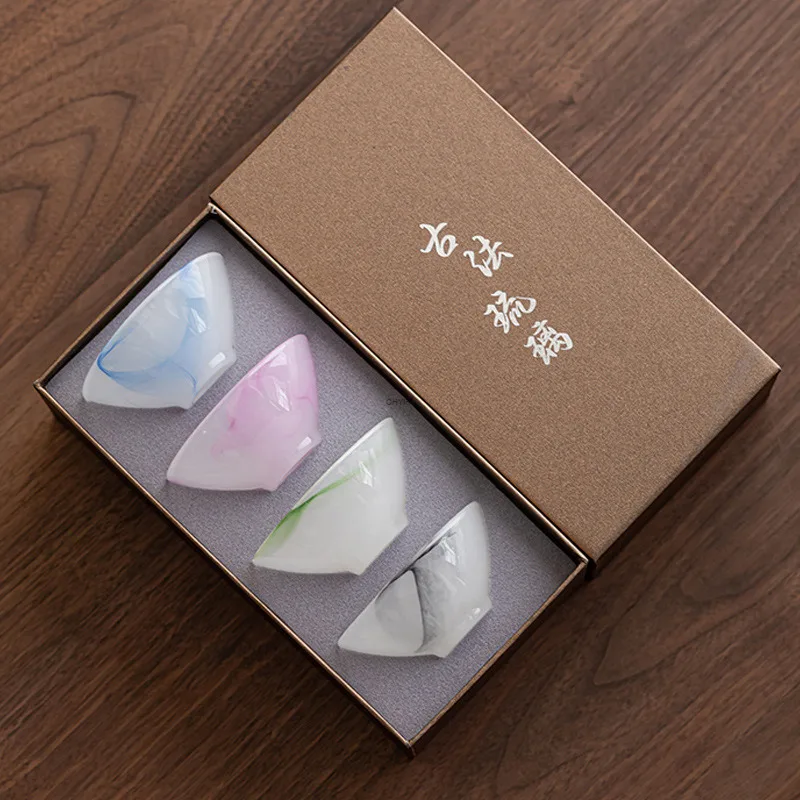 

Chinese Style Ink Wash Glass Tea Cup Gift Set with Douli Hat Cup Kung Fu Tea Cup Tasting Cup Floating Green Ice Jade Glass Tea