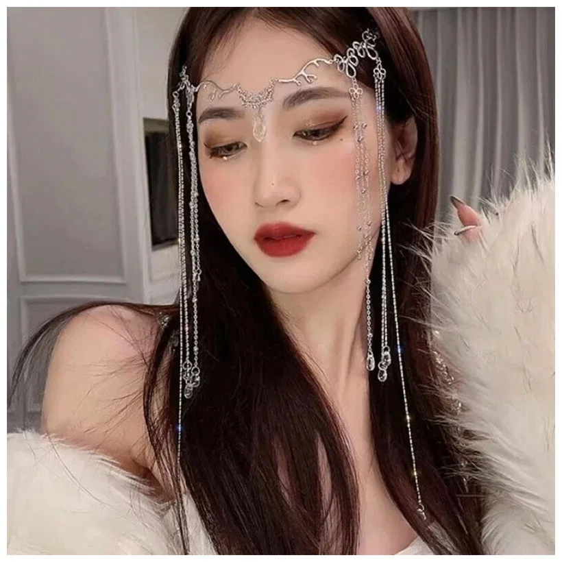 Elegant Korean style Shinning Rhinestones Long Tassel Hairwear Waterdrop Crystal HairBand Forehead Hair Accessories PartyJewelry