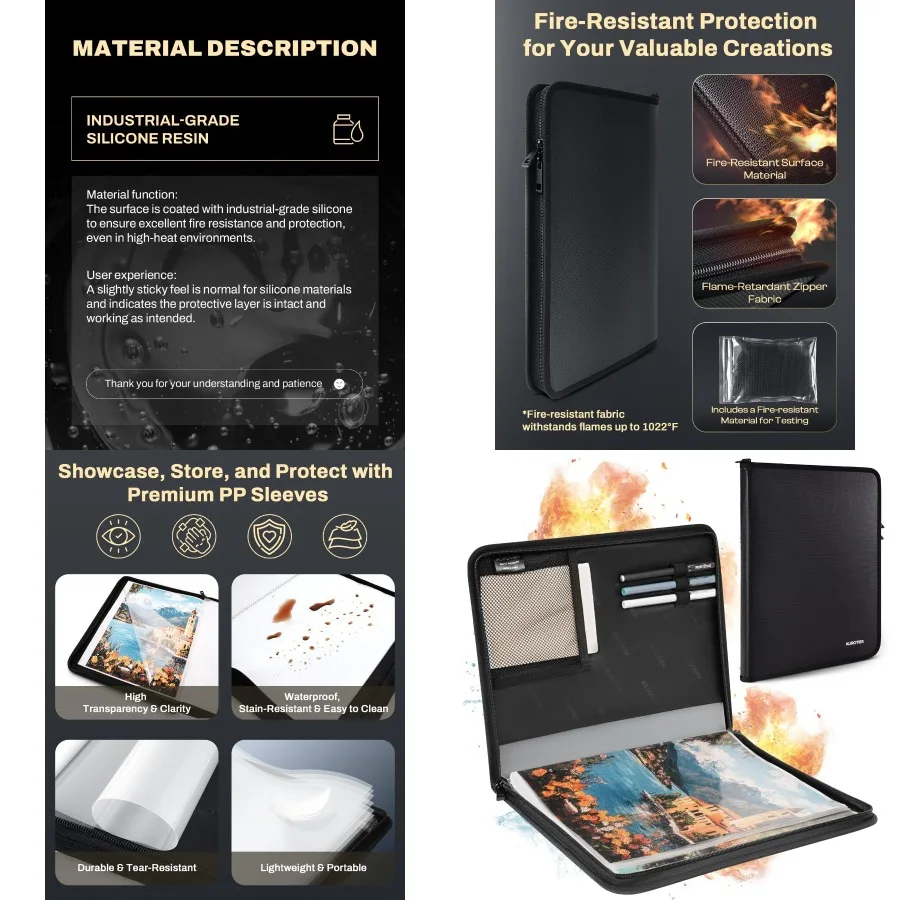 محفظة فنية مقاومة للحريق مقاس 11 × 14 مع 30 جيبًا و60 صفحة لعرض مقاومة للماء وأكمام بلاستيكية شفافة لطلاء الأعمال الفنية