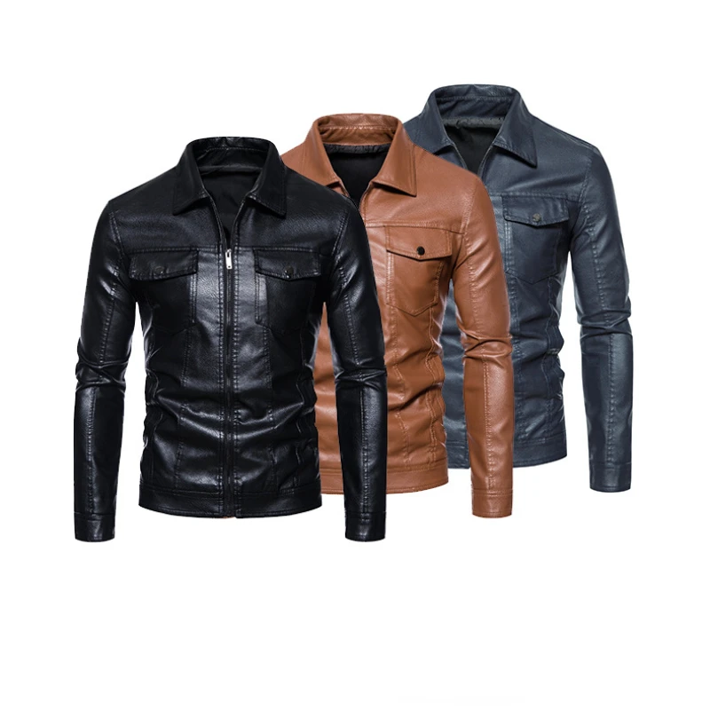 Jaket kulit pria, jaket kulit mode Slim Fit, jaket kasual kerah Flip, pakaian pria Musim Semi dan Gugur