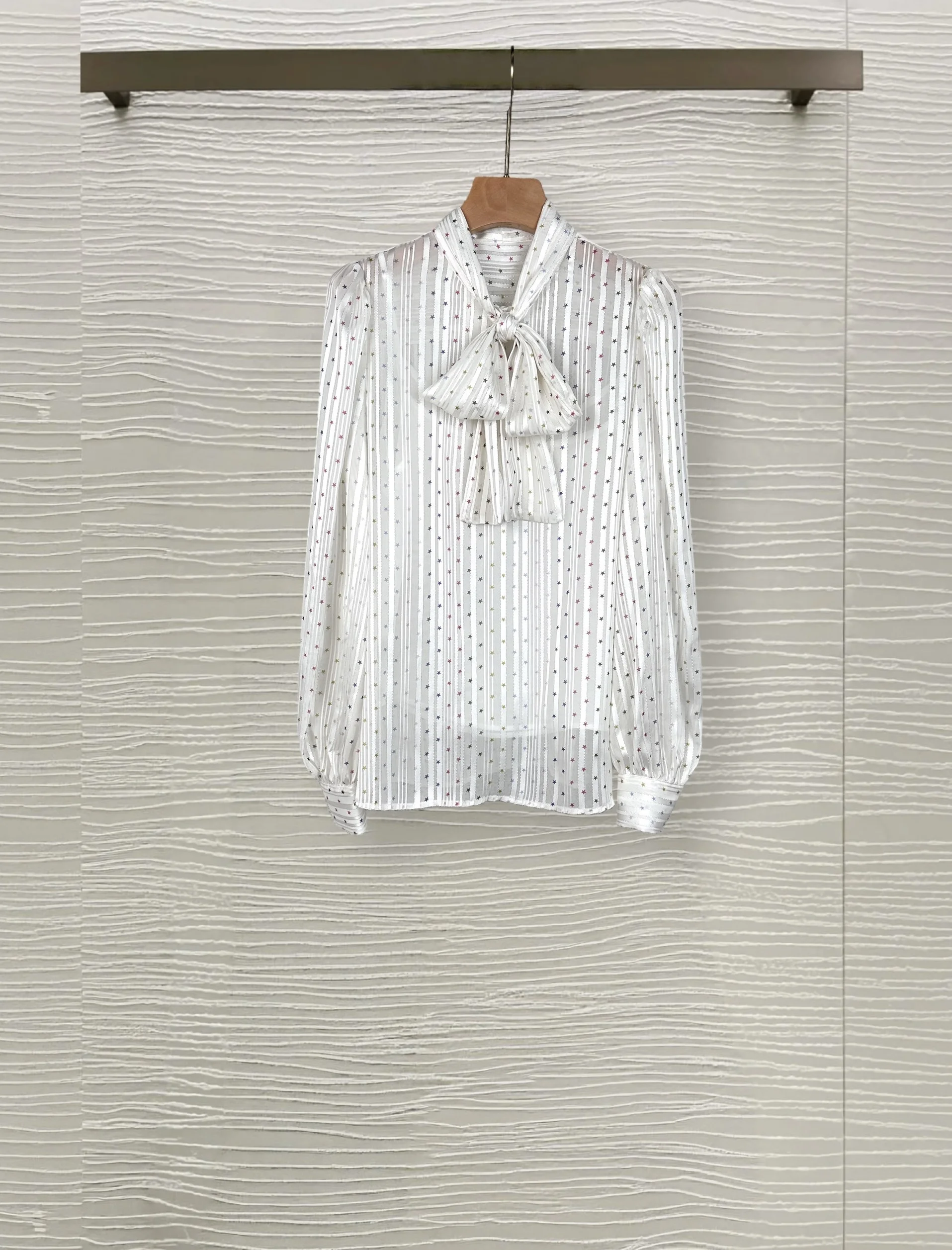 

Elegant Striped Star Print Sheer Blouse Bow Tie Neck Long Puff Sleeve Chiffon Shirt for Women Daily Wear Sweet Chic Office Lady