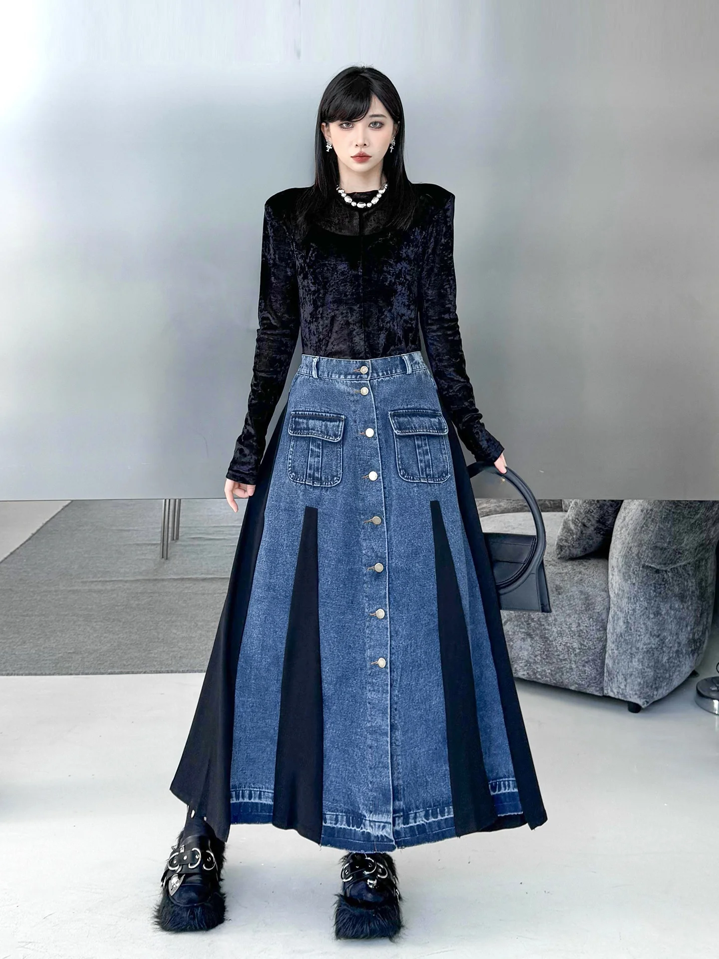

High Waist A-Line Midi Skirt Women's Denim Color Blo Design Slimming Versatile f-length Skirts for Busin And Daily Use