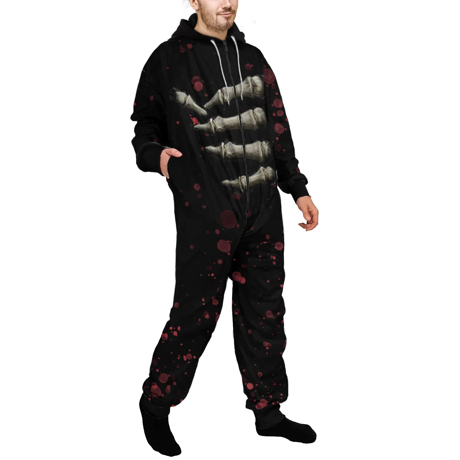 One Piece Pajamas Men Homewear Sleepwear Hooded Jumsuits Zipper Onesies Casual Halloween Black Skeleton Print Pyjamas