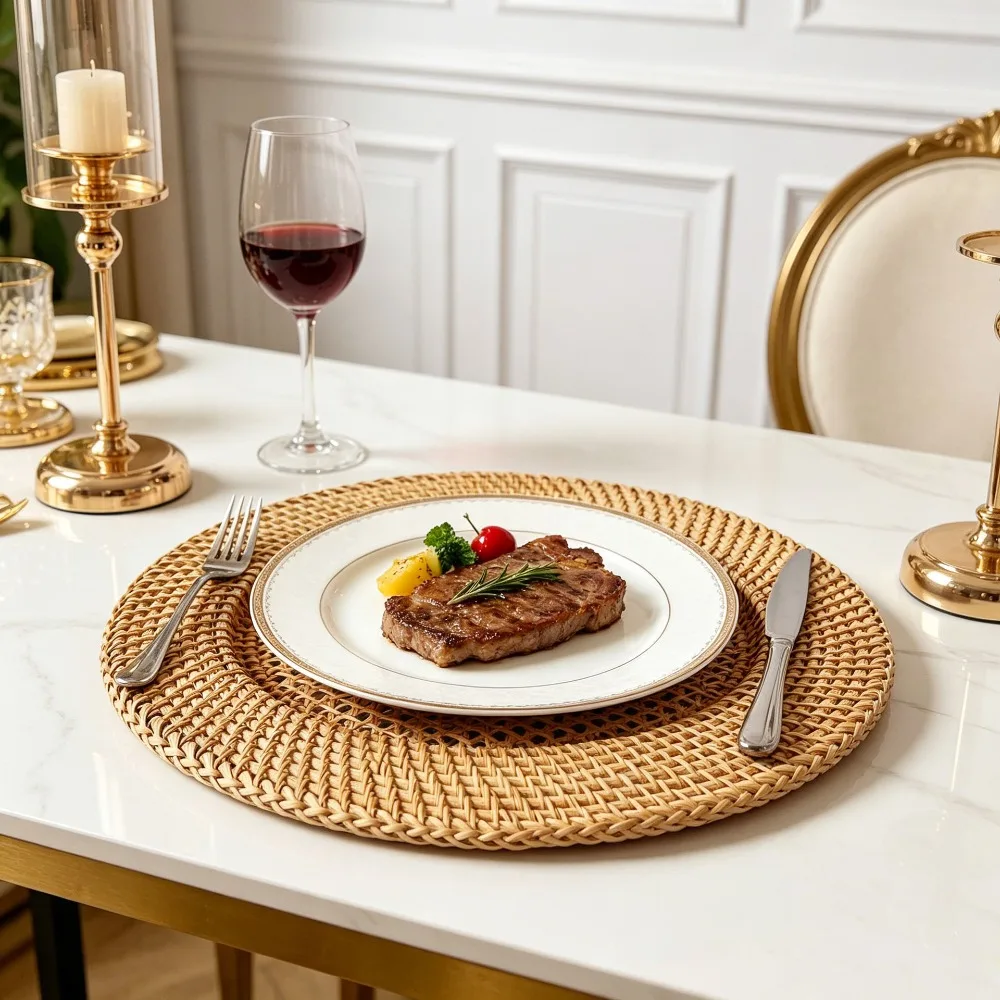 Table Decor Round Nordic Handwoven Rattan Tray Decorative Vintage Tableware Mat Hollow Design Placemat Photo Prop