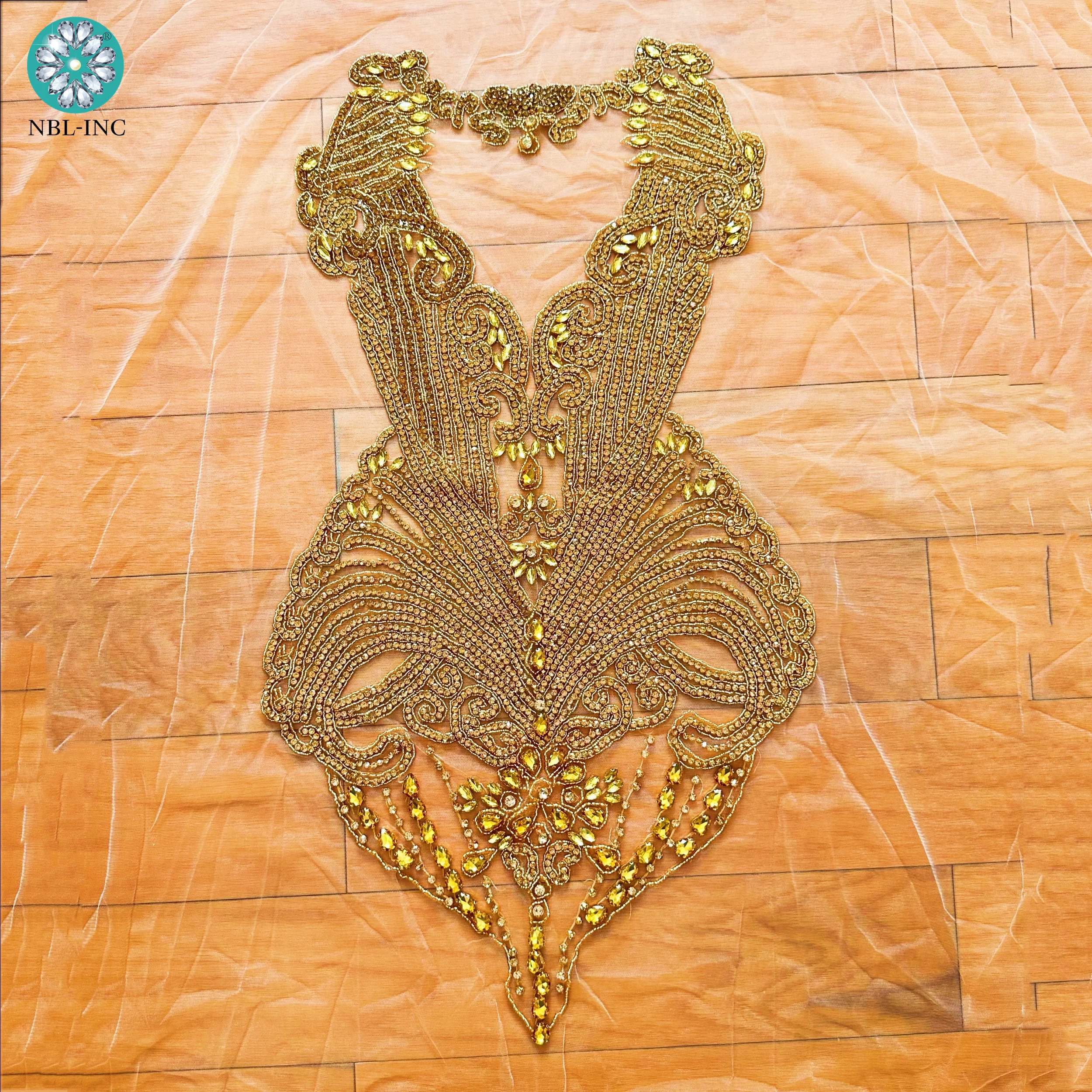 (1 unidad) parche con apliques de corpiño de diamantes de imitación dorados cosido a mano de cuerpo completo para vestido de fiesta de boda WDD1355