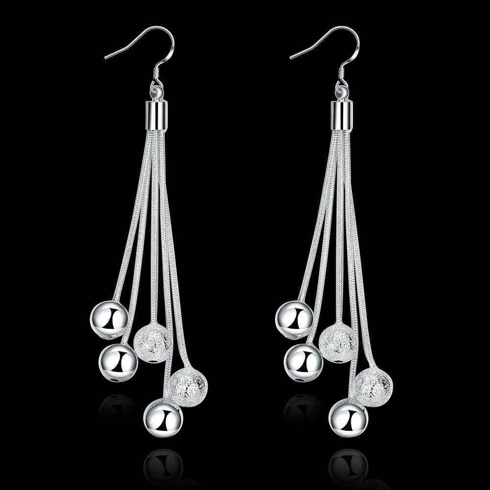 Lekani 925 stamp silver color Bridal Jewelry Beads Ball Long Tassel Drop Earrings For Women Brincos Boucle D'oreille Oorbellen