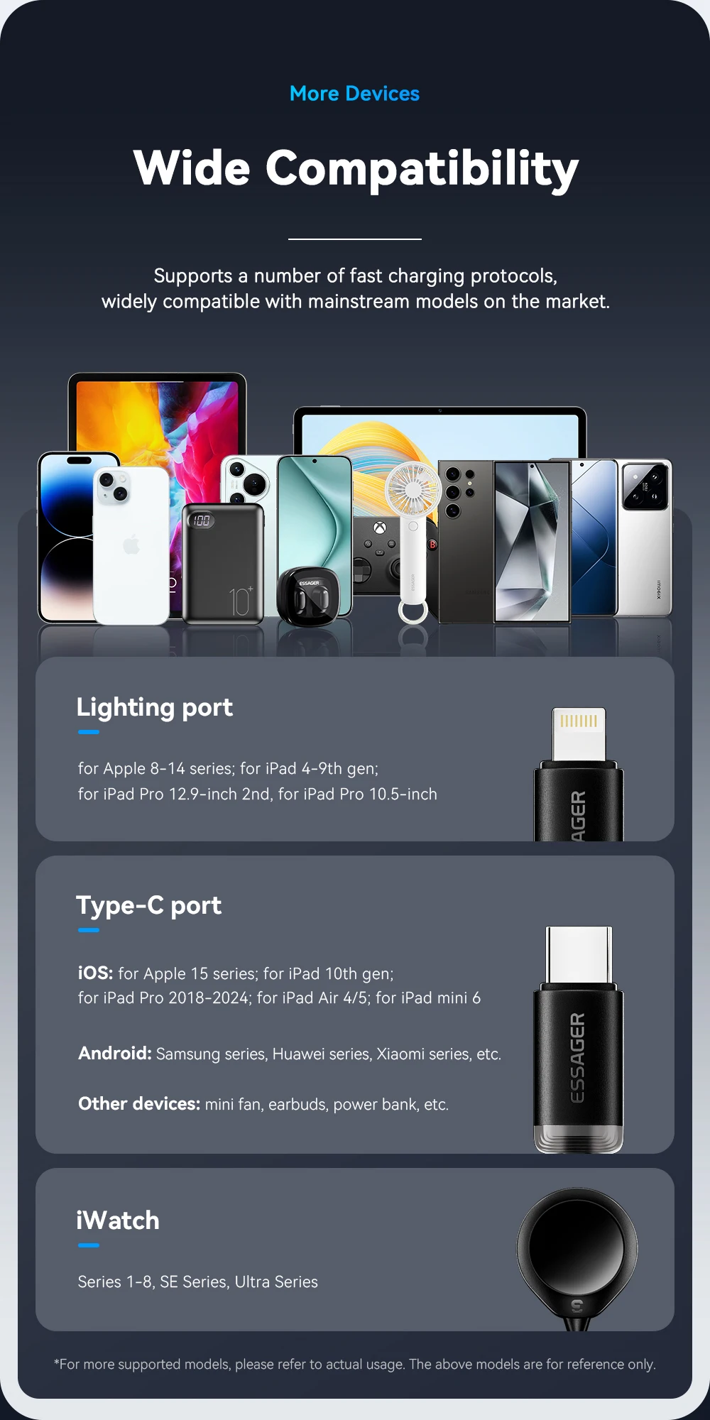Essager 3 in 1 Multi USB A Charging Cable for Apple iWatch iPhone 16/15/14/13 Pro With USB Type C Lightning Fast Charging Cable