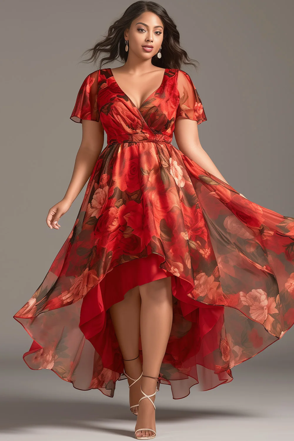 

Flycurvy Plus Size Wedding Guest Red Chiffon Floral Print Wrap High Low Hem Maxi Dress