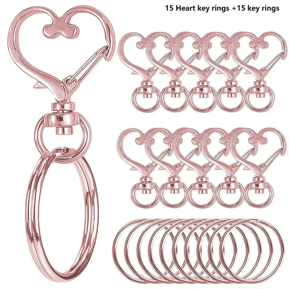 30pcs Heart Shaped Swivel Snap Hooks with 15pcs Key Ring 15pcs Metal Keychains for Keychain Lanyards, Jewelry, DIY Crafts