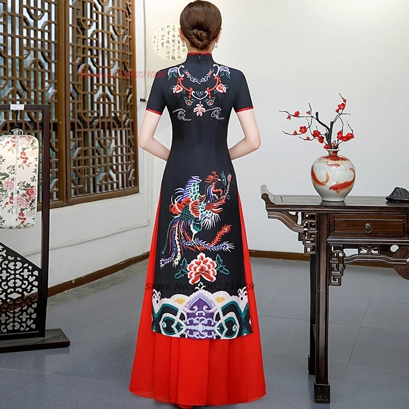 Robe chinoise qipao améliorée, vintage, imprimé phénix, vietnam ao dai, robe de soirée élégante, robe de banquet orientale, 2025