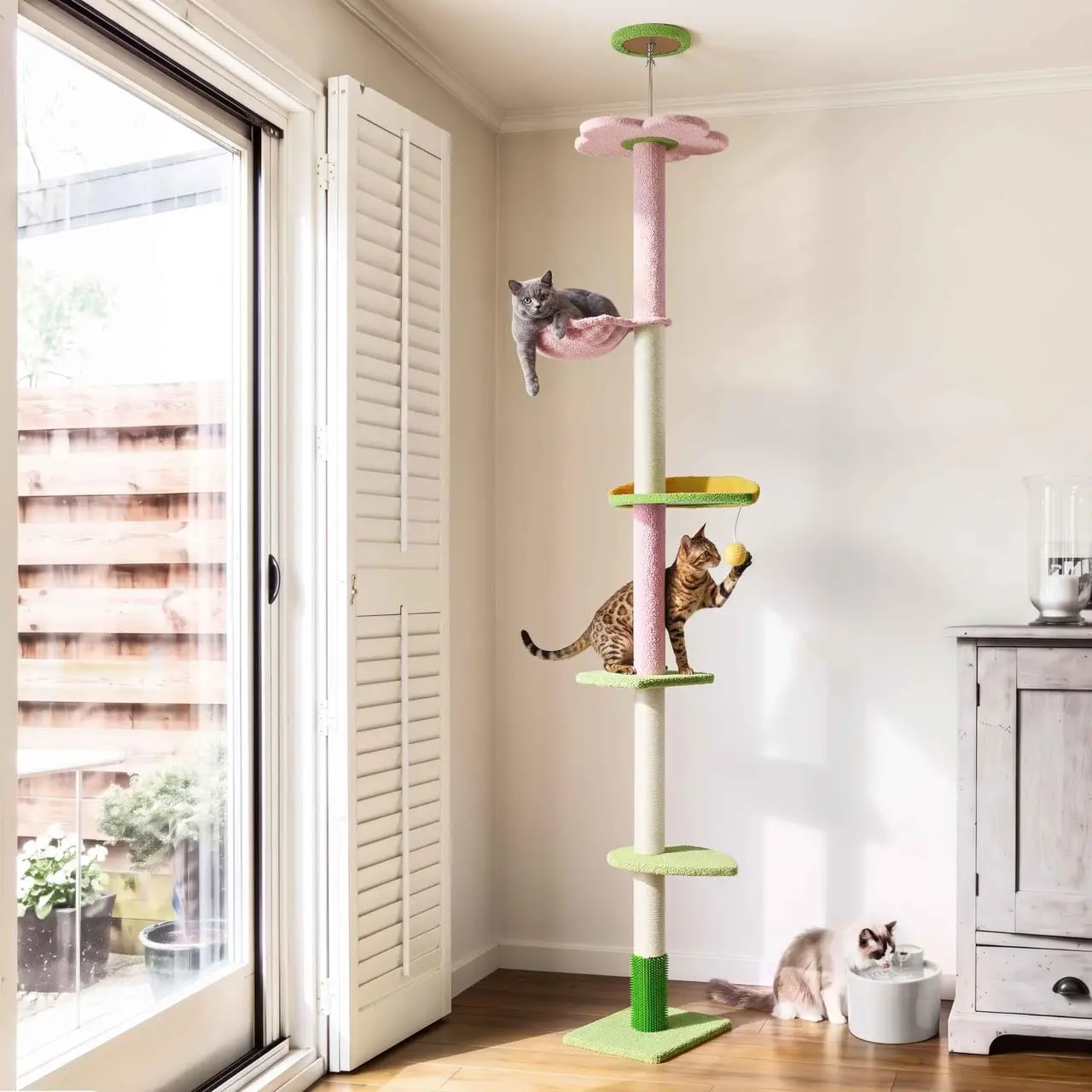 Flower Floor-to-Ceiling Cat Tree, Adjustable Height 94”-104” Cat Tower, Multi-Tier Tall Cat Climbing Pole, Customized