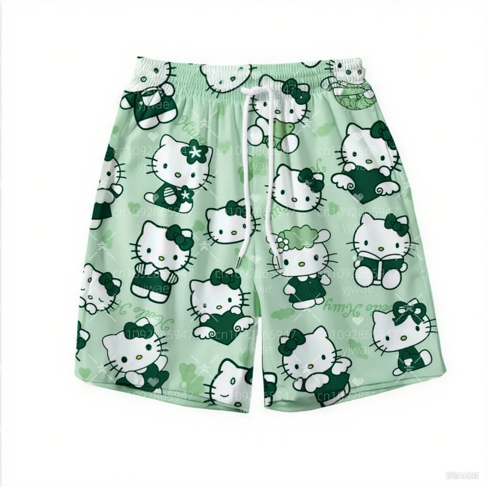 2025 女性の夏の水泳女性 3D ハローキティプリントビーチショーツプラスサイズ女性デイリーショーツカジュアルトランクスショーツ