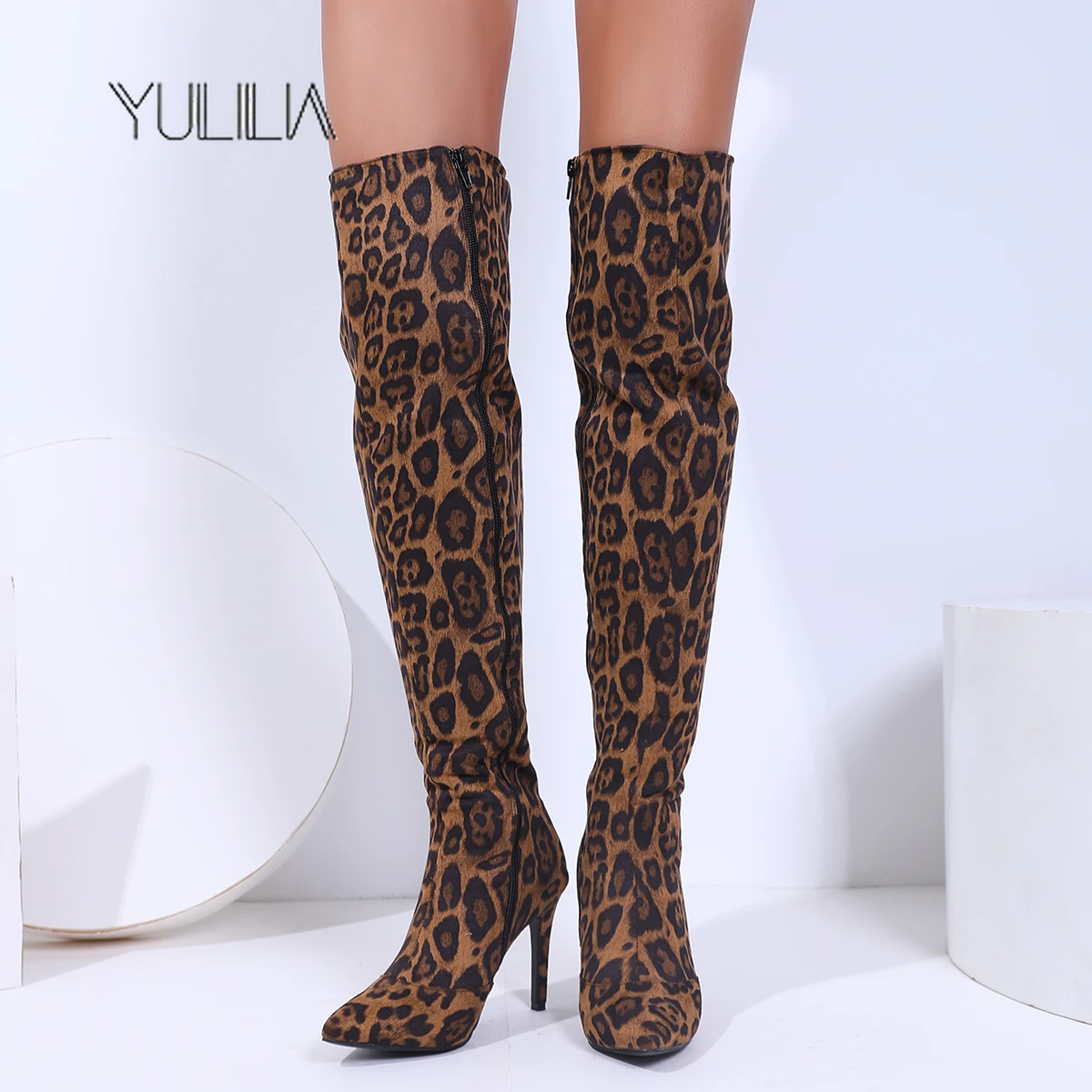 

YULILIA women's shoes pointed thin heel leopard print boots women's fashion versatile fashion over knee boots knee high boots