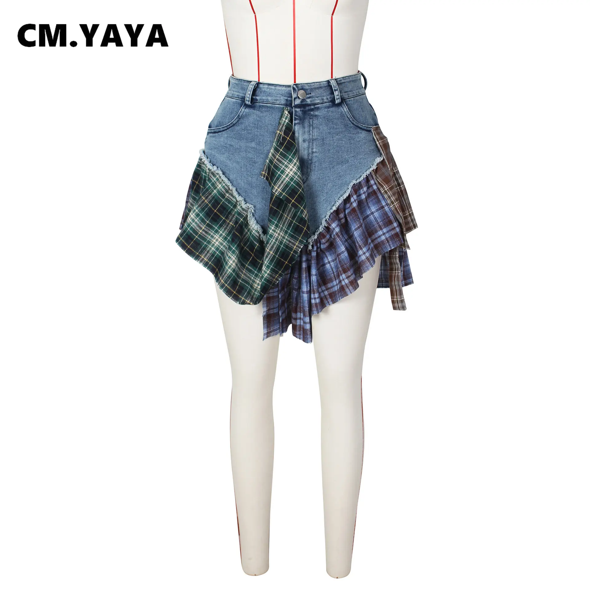 CM.YAYA Women Fashion Plaid Denim Patchwork Streamer Irregular A