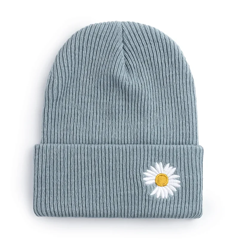 Knitted Hat with Daisy Embroidery Women Teen Girls Beanie Cap for Winter Autumn Outdoor Winter Bonnets