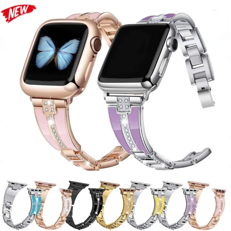 

Resin+Metal Strap for Apple Watch Ultra 49mm 9 8 7 45mm 44mm Women Diamond Bracelet for Iwatch 6 5 4 SE 42mm 40mm 41mm 38mm Band