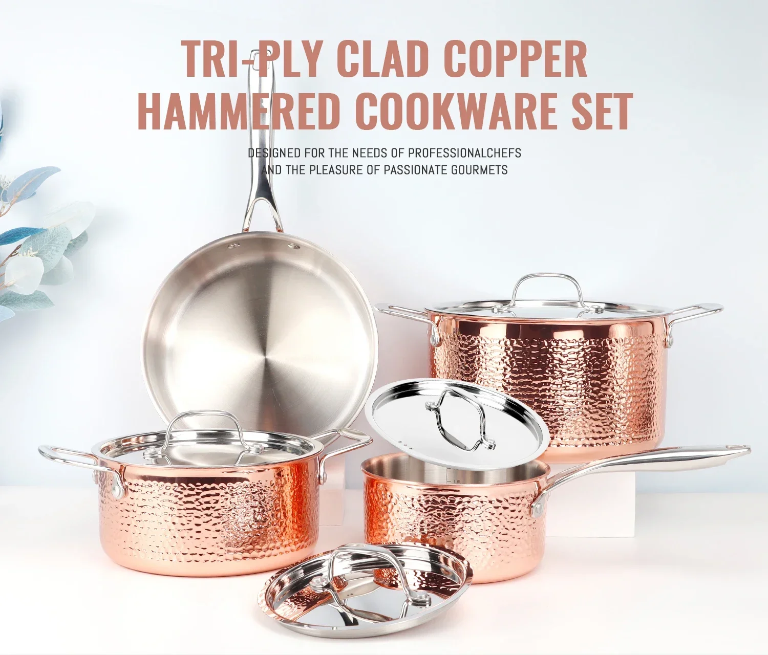 3 Layer Stainless Steel Hammered Straight Cooking Pot Set Non-stick Kitchen Cookware for Home