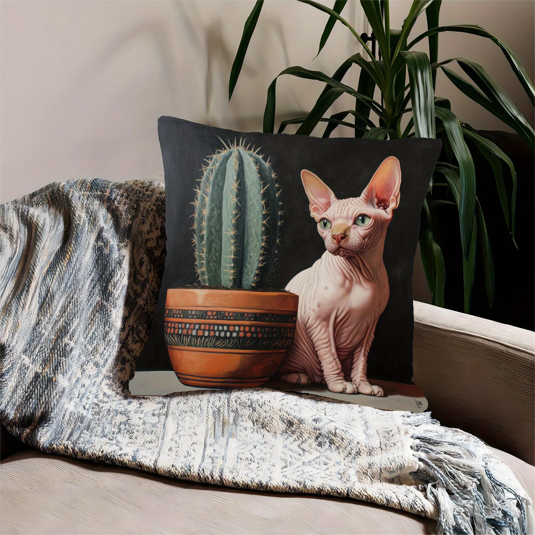 Funny Cat and Cactus Pillow Case Throw Pillow Cushion Cover for Sofa Couch Home Decor Gift