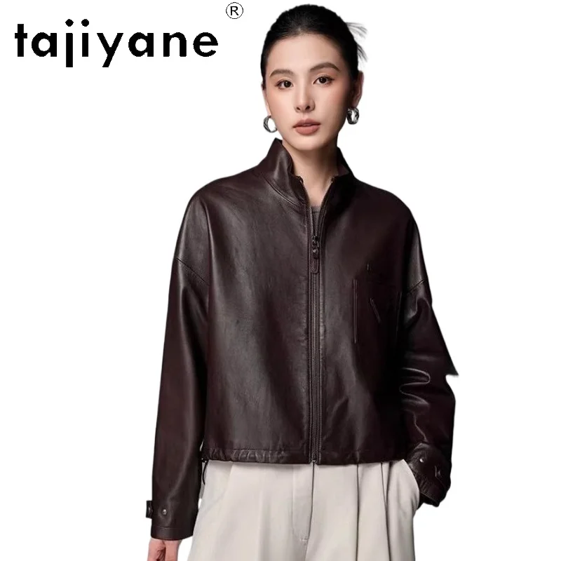 

Кожаная куртка TAJIYANE из овчины для женщин, укороченная, с воротником-стойкой, повседневная, из натуральной кожи, осенняя одежда 2026, женская косуха